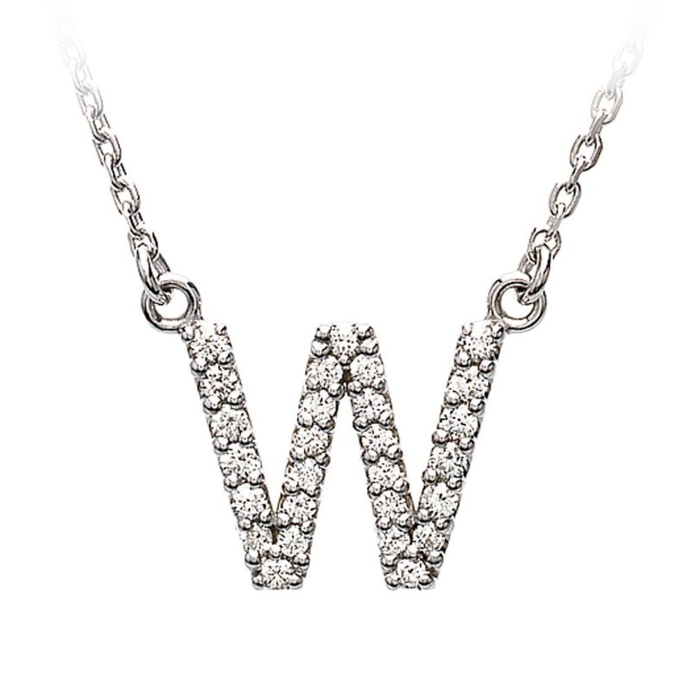 1/6 Cttw Diamond & 14k White Gold Block Initial Necklace, Letter W